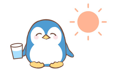 熱中症予防に水分補給をするかわいいペンギンのイラスト