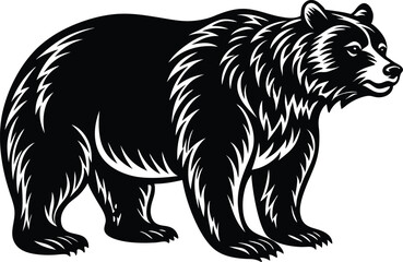 Wild Bear Silhouette, Black and White Vector Illustration of a Standing Grizzly Animal
