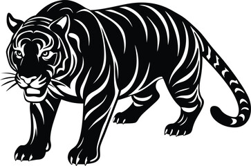 Walking Tiger Silhouette Vector Illustration with Tribal Stripes