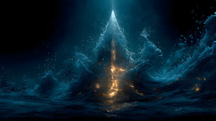 Poseidon's Trident Ocean Light PNG Material | Hyperrealistic Dark Blue and Cyan Lights with Water Ripples and Bubbles Ocean Depth and Power Elements