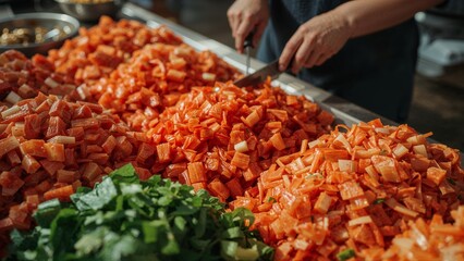 Close up of person cutting carrots and green vegetables on a metal surface in a kitchen area