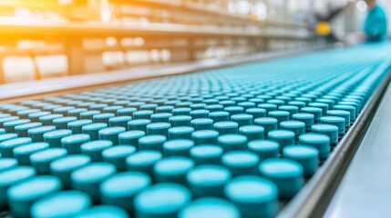 Obraz premium Automated Pharmaceutical Production Line Rows of Teal Medicine Bottles on Conveyor Belt