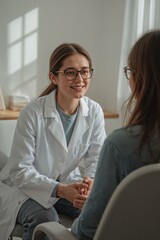 A smiling doctor in a white coat consults with a patient in a bright and airy office setting indoors