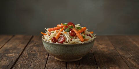 Close up of a bowl of salad with carrots tomatoes and cabbage on a wooden table surface view