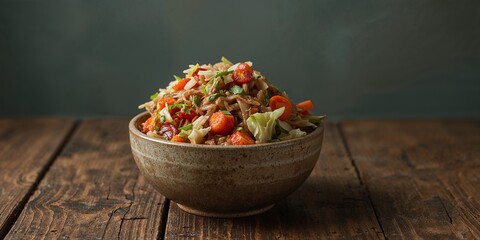 A bowl of fresh salad with carrots tomatoes and lettuce on a wooden table against dark background