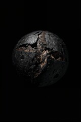 Dark sphere with cracked surface and rough texture isolated against a black background