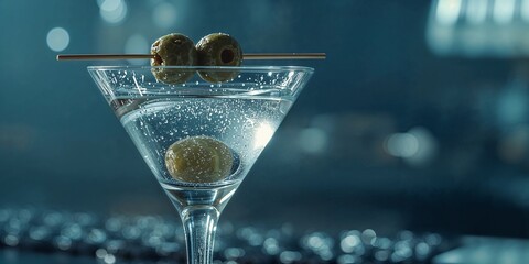 A close up of a martini glass with olives on a skewer and one olive inside the glass drink itself