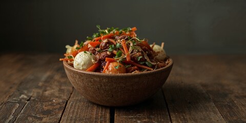 A bowl of food with meat carrots sprouts and white balls on a rustic wooden table surface top view
