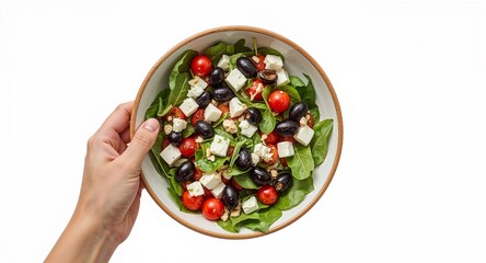 Hand holding a bowl of salad with tomatoes olives and feta cheese on a white background close up view