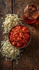 Overhead shot of stew in bowl next to noodles and iced tea on a rustic wooden surface top view