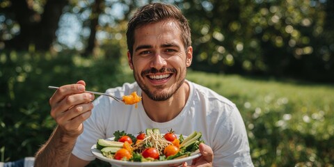 Man smiling while eating a salad with tomatoes and cucumbers in a park during a sunny day outdoors