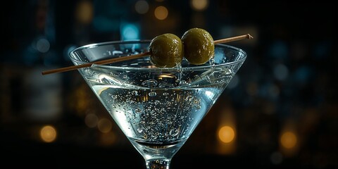 Close up of a martini glass with olives on a toothpick against a blurred background at night time