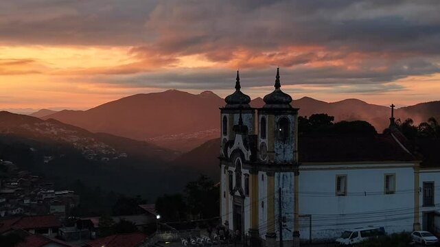 Aerial view of Santa Ifig&ecirc;nia Church - Ouro Preto, Minas Gerais, Brazil - historic city founded in the 18th century