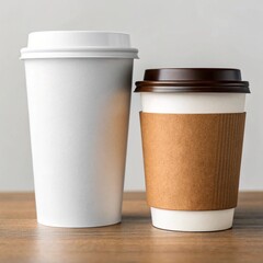 Two paper coffee cups, a large white one with a white lid and a smaller one with a brown sleeve and lid, stand on a wooden surface.