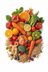 An assortment of fresh fruits and vegetables displayed on a white background in a studio shot