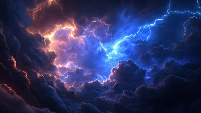 Storm cloud lightning glowing sky dark thunderclouds electric blue orange light dramatic weather scene intense energy contrast electric storm bright lightning bolts illuminating sky blue orange hues
