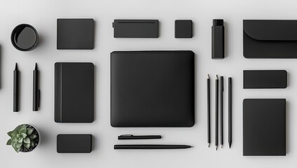 Flat lay of various black stationery items