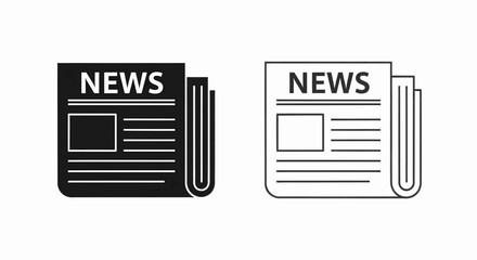 This high-quality vector graphic features two simple newspaper icons: a solid black "news" silhouette and a matching outline, both with horizontal lines and a folded appearance.