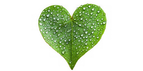 Green heart leaf with water drops on transparent background