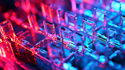 A close up of a keyboard with a blue and red background
