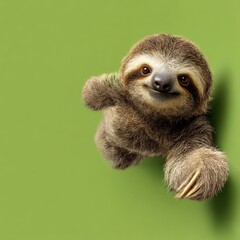 Fototapeta premium a sloth slowly reaching out one arm with a lazy expression isolated on leaf green background