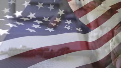 Soldier entering workshop, lifting and inspecting rifle under flag overlay for military maintenance - Powered by Adobe