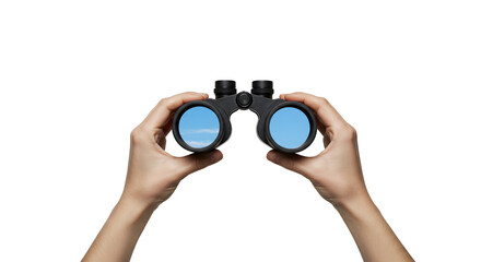 Hands of a person holding binoculars with blue sky reflected in the lenses