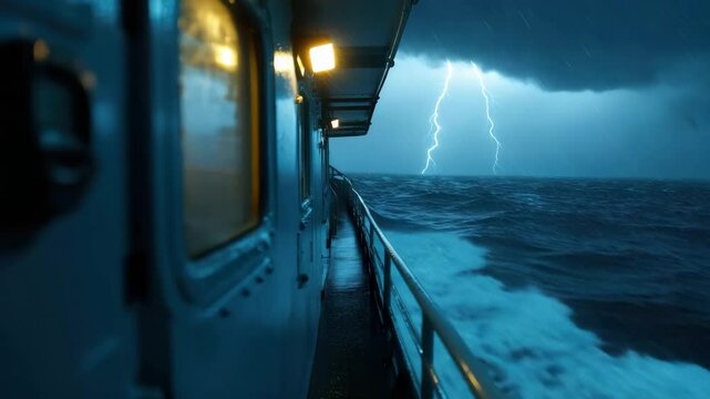 Stormy ocean lightning strikes over rough sea from ship deck at night with heavy rain thunderstorm waves creating intense powerful water atmosphere