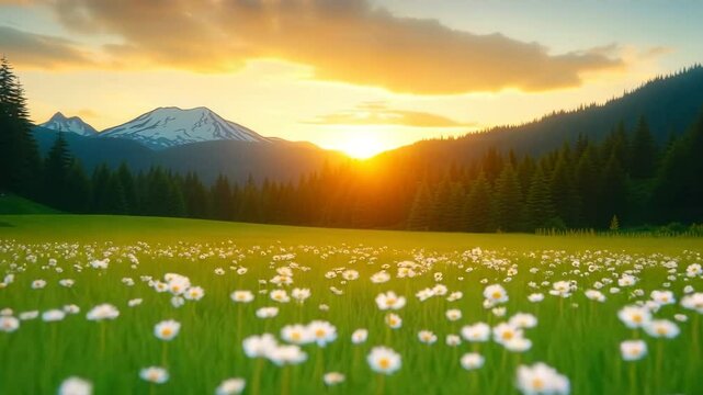 Sunset over meadow filled with wildflower daisies and green grass near snow capped mountain and pine forest creating warm peaceful nature landscape field scene