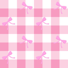 seamless pattern with bow on pink gingham 