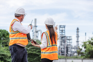 Two engineers in safety vests and helmets discuss operations at an oil refinery site. One holds a...