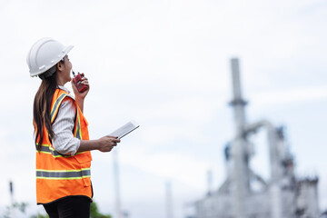 A female engineer in a safety vest and helmet communicates via walkie-talkie while holding a tablet. She observes operations at an industrial oil refinery site in the background.