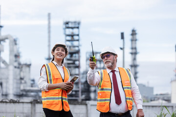 Two engineers wearing safety vests and helmets smile during a discussion at an oil refinery. They hold clipboards and tools, coordinating tasks amid industrial towers in the background.