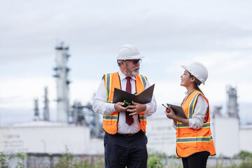 Two engineers in safety vests and helmets discuss work plans at an oil refinery. They hold clipboards and tools, standing near large storage tanks with refinery towers in the background.