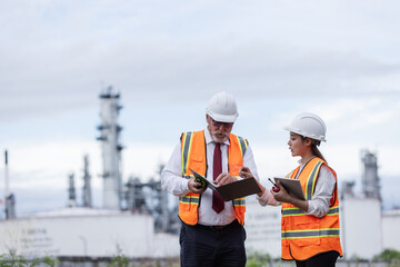 Two engineers in safety vests and helmets discuss work plans at an oil refinery. They hold clipboards and tools, standing near large storage tanks with refinery towers in the background.