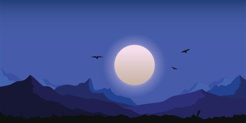A flat, minimalist landscape illustration of a large full moon or sun with faint rings, illuminating a silhouetted mountain range and foreground, all under a deep blue night sky with three birds flyin