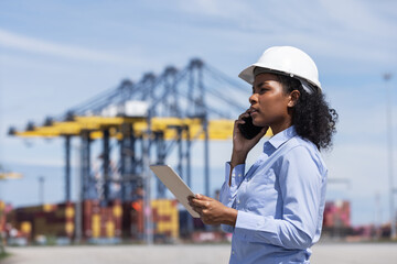 A female engineer at a shipping port uses a tablet and talks on the phone while wearing a safety helmet. She applies technology for real-time communication and logistics management.