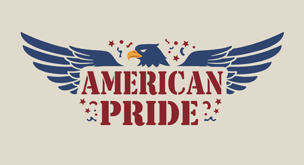AMERICAN PRIDE. Vintage patriotic emblem with bald eagle, stars, and confetti. Retro USA national symbol design for holidays and celebrations.