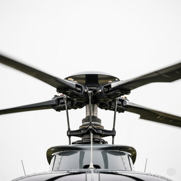 helicopter rotor head blades mechanism detail white sky.