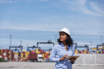 A female engineer at a shipping port uses a tablet and talks on the phone while wearing a safety helmet. She applies technology for real-time communication and logistics management.