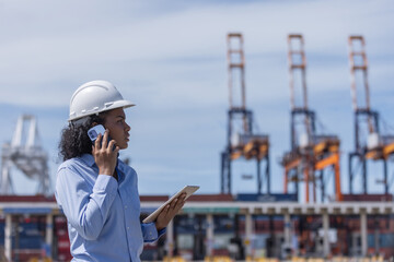 A female manager wearing a helmet uses a phone and tablet at a shipping port. She oversees...