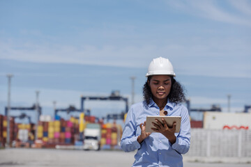 A female manager wearing a helmet and holding a tablet points forward at a busy shipping port....