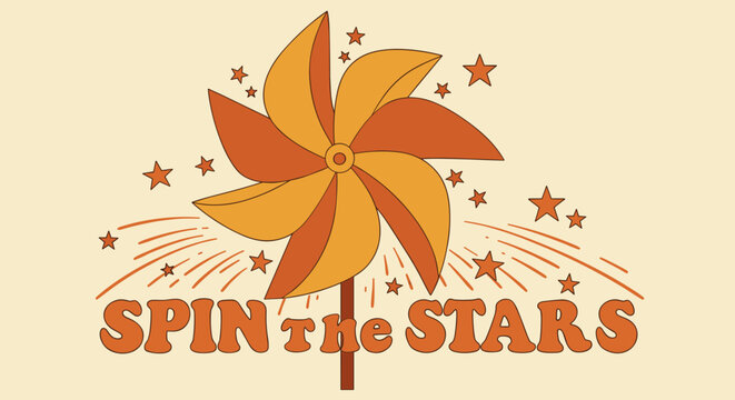 SPIN the STARS. Retro pinwheel illustration with stars. Vintage 70s style graphic design for nostalgic and playful themes.