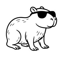 Funny black and white vector illustration of a capybara in sunglasses. Minimalist cartoon line art, perfect for summer-themed designs, stickers, logos, apparel prints, and digital products.