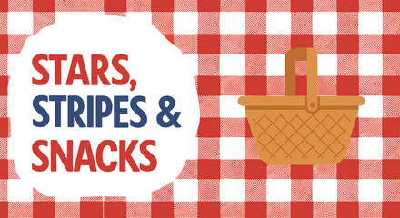 Fototapeta premium STARS, STRIPES & SNACKS. Patriotic picnic concept with a basket on a red and white gingham tablecloth background. Fourth of July celebration illustration.