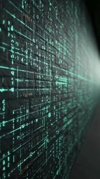 Abstract Digital Code on Brick Wall Futuristic Technology Background