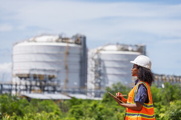 An environmental engineer conducts a site survey near large industrial storage tanks. Wearing...