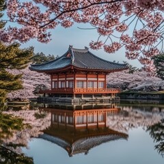 Fototapeta premium A serene temple surrounded by cherry blossoms for World Poetry Day Focus on the temple and blossoms