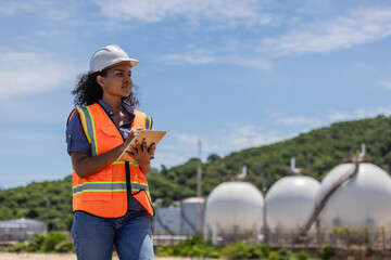A female engineer in safety gear surveys a site with large spherical chemical tanks. Holding a...