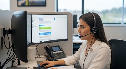 Young woman working in a call center with headset and computer